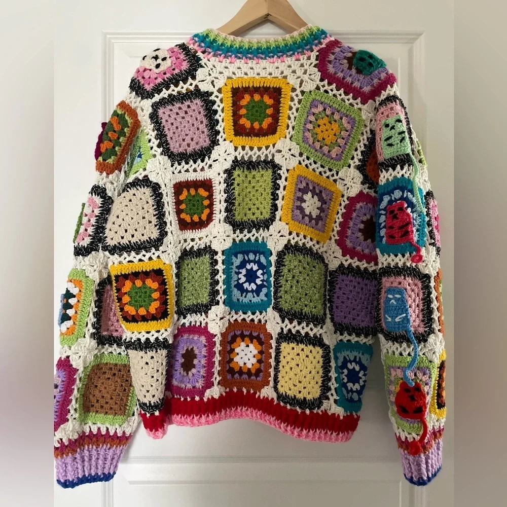 Hand knit Crochet Afghan Patchwork Toggle Cat Cardigan, Women’s Size Large - Picture 6 of 6